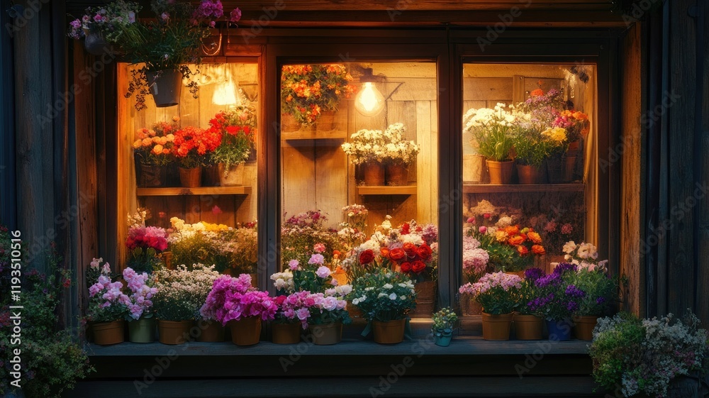 Vibrant flower shop with illuminated display window showcasing various colorful blooms in pots Vibrant flower shop with illuminated display window showcasing various colorful blooms in pots