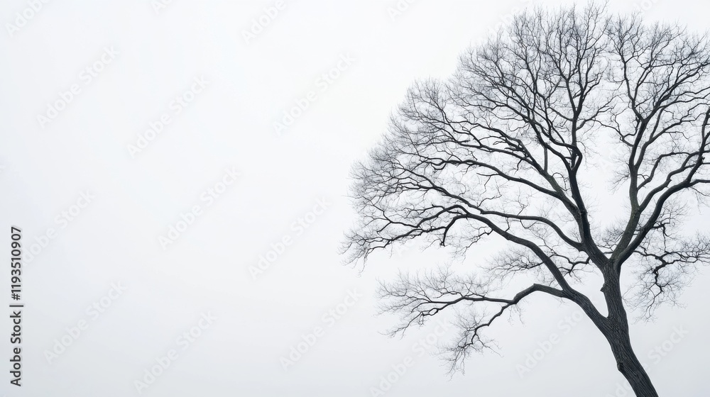 Fototapeta premium Bare Winter Tree Silhouette Against a Foggy Background in a Minimalist Style Captured in Soft Light