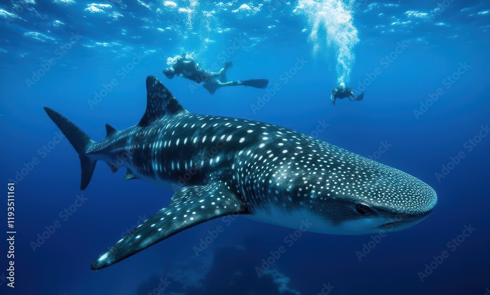 Whale shark swimming with divers in blue ocean Whale shark swimming with divers in blue ocean