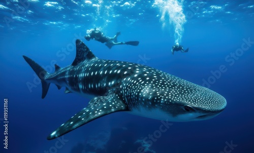 Whale shark swimming with divers in blue ocean photo