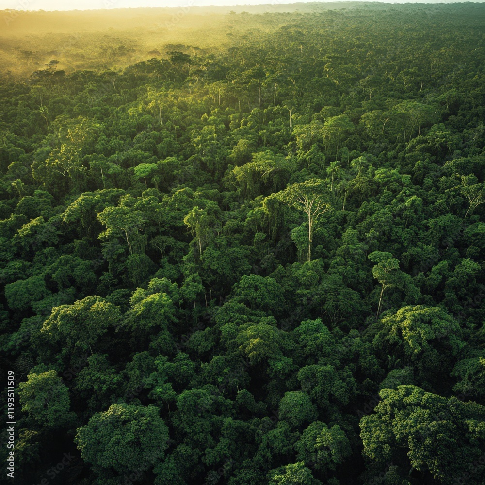 Aerial view of a dense lush green rainforest canopy bathed in golden sunlight at dusk Aerial view of a dense lush green rainforest canopy bathed in golden sunlight at dusk