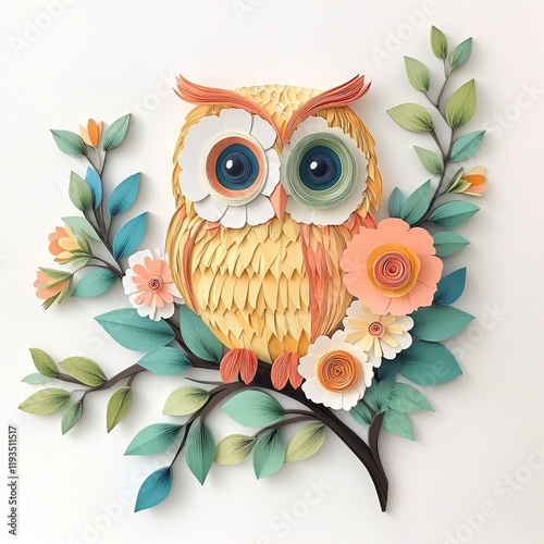 An illustration in the form of an applique of an owl on a tree branch among flowers photo