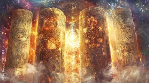 Depiction of philosophical symbols carved into ancient scrolls illuminated by cosmic light photo