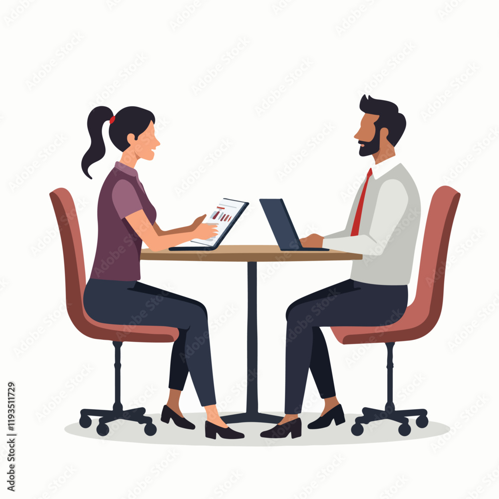 Partners meeting for business discussion with documents and laptop on desk. Couple at round table, speaking, discussing work, partnership. Flat vector illustration isolated on white background