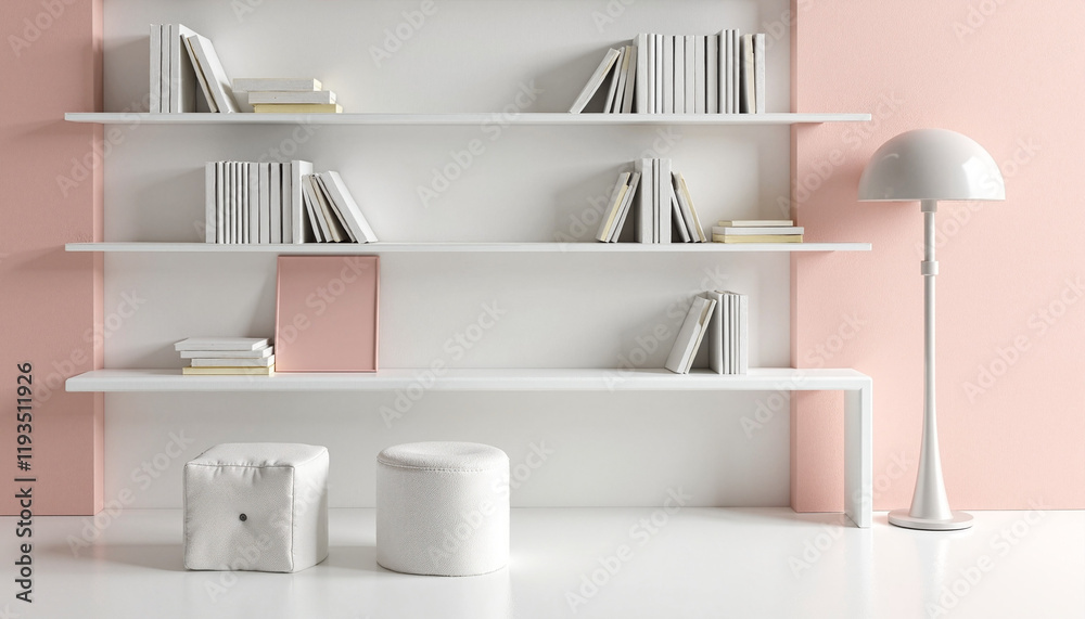 Minimalist bookshelf with white books on pink wall Minimalist bookshelf with white books on pink wall