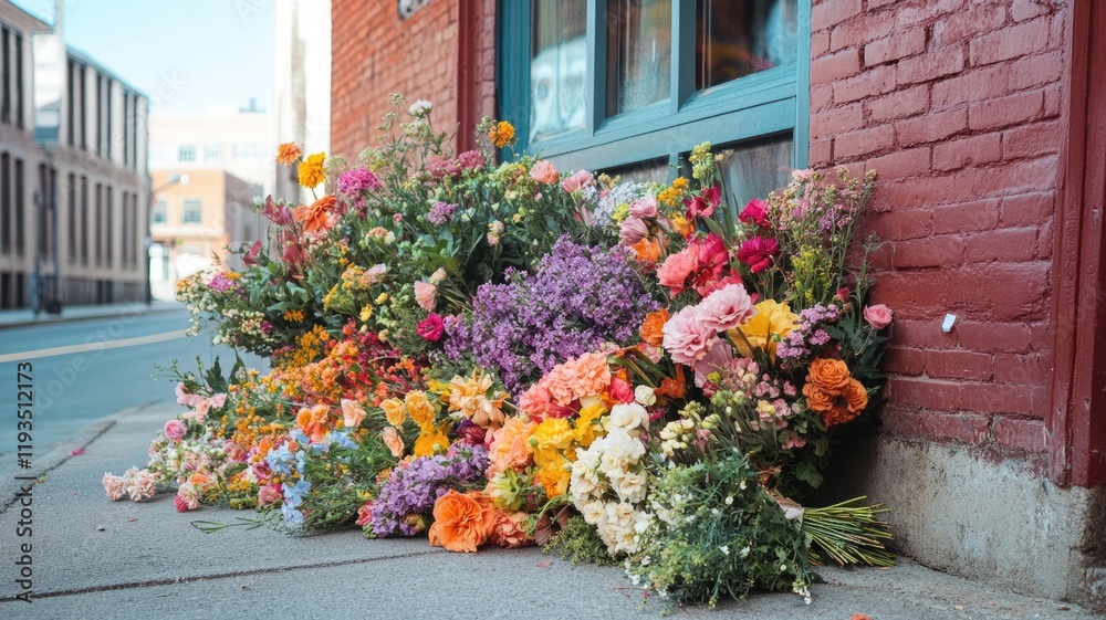 Naklejka premium Vibrant flowers arranged meticulously against red brick building