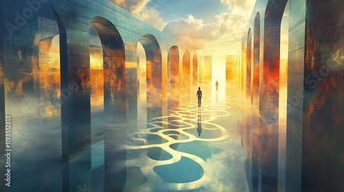 Depiction of selfreflection introspection featuring labyrinth of thought symbolic light path