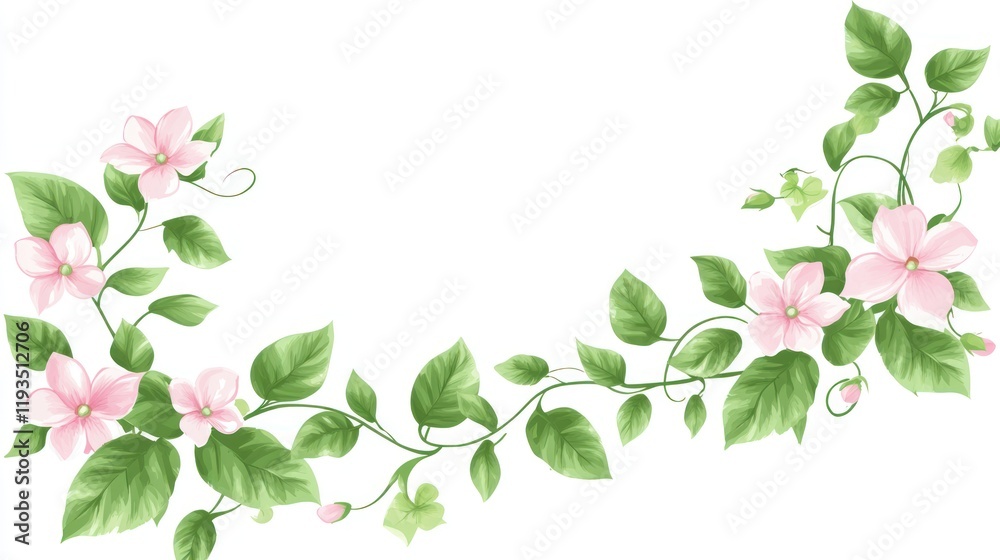 Pink flowers, green leaves, vine, corner design, white background, invitation Pink flowers, green leaves, vine, corner design, white background, invitation