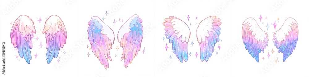Fototapeta premium Pastel Rainbow Angel Wings Set Fantasy Cute Whimsical Illustrations Design Elements