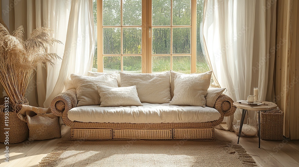 Fototapeta premium Wicker Sofa Near Window with Neutral Decor