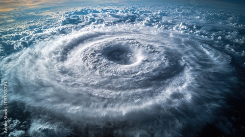 Aerial view of a powerful hurricane swirling over the ocean, showcasing dramatic cloud formations and movement