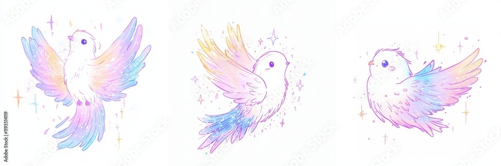 Obraz premium Pastel Rainbow Birds Flying Cute Fantasy Illustration Whimsical Avian Art Magical Sparkle Wings