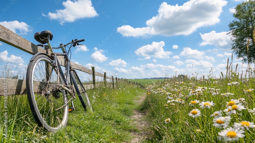 Naklejka premium Bicycle by wildflower path, sunny day