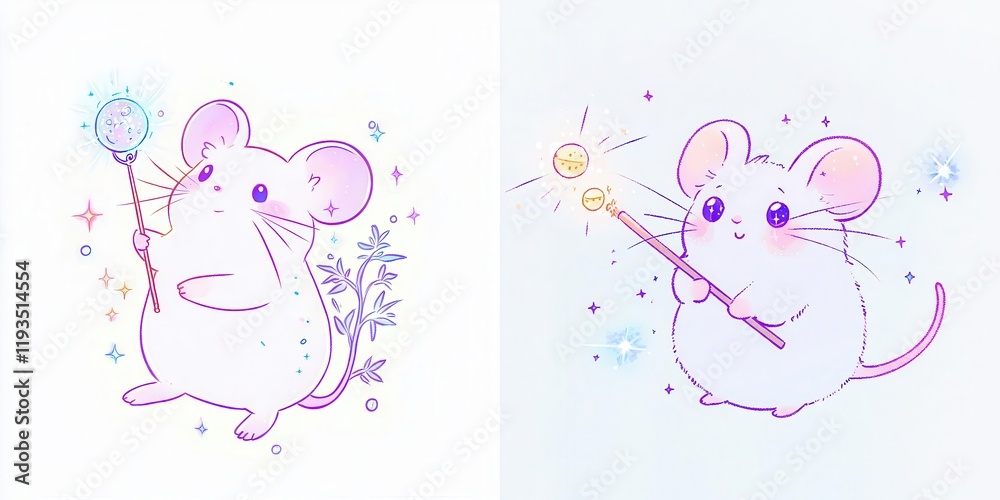 Adorable Pastel Mice Holding Magical Wand and Sparkler Cute Cartoon Illustration Adorable Pastel Mice Holding Magical Wand and Sparkler Cute Cartoon Illustration