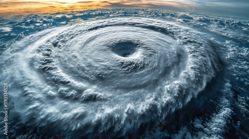 Aerial view of a powerful hurricane swirling over the ocean, showcasing dramatic cloud formations and sunlight (1)