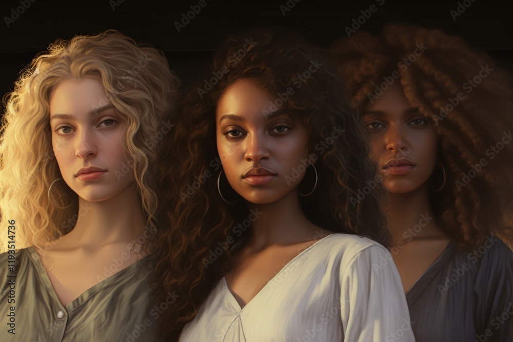 Fototapeta premium Photo of beautiful three young woman's with different hair colors. Blonde, brown and dark hairs.
