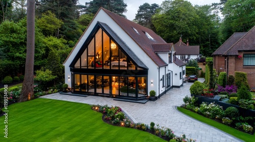 Stunning modern house with open glass facade surrounded by lush greenery in a serene neighborhood at twilight