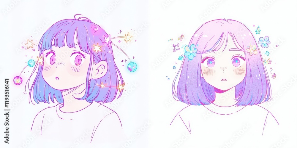 Dreamy Pastel Anime Girls with Celestial and Floral Accents Kawaii Style Illustration Dreamy Pastel Anime Girls with Celestial and Floral Accents Kawaii Style Illustration