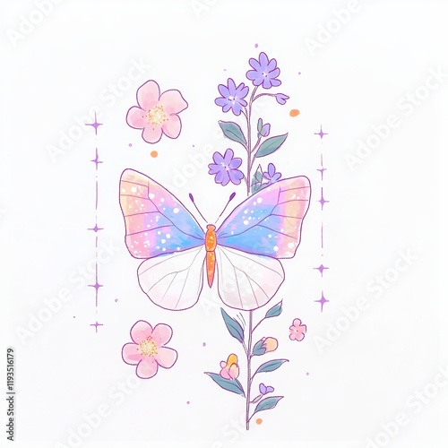 Pastel Butterfly with Delicate Floral Arrangement Springtime Nature Illustration