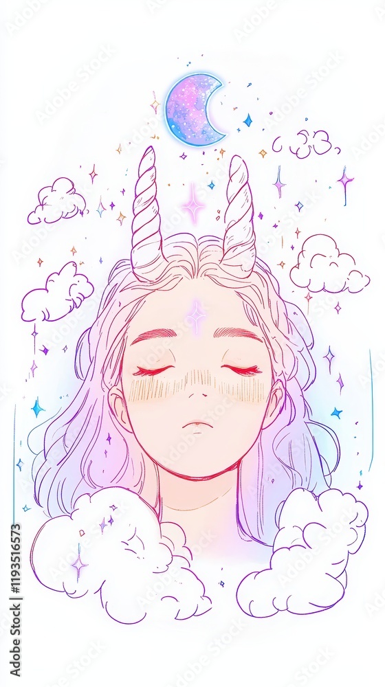 Dreamlike Pastel Girl with Horns Moon Stars and Clouds Celestial Fantasy Art Illustration Dreamlike Pastel Girl with Horns Moon Stars and Clouds Celestial Fantasy Art Illustration