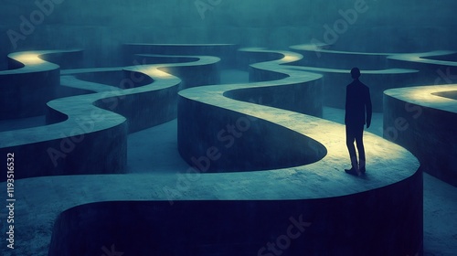 Serene visualization of absurdism labyrinths of thought illuminated by timelessness