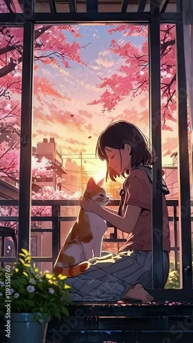 lofi anime girl, sakura falling, lofi, anime girl sleeping and sakura petals falling, 4K resolution, peaceful, plant, night, sound, music, 4K Lofi Japanese Anime-style background animation video