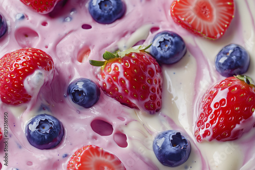 Fresh strawberries and blueberries splashing in creamy yogurt close up detail. Nutrition and healthy lifestyle concept background. photo