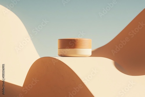 Elegant skincare jar positioned on smooth, sculptural sand dunes under a clear sky.