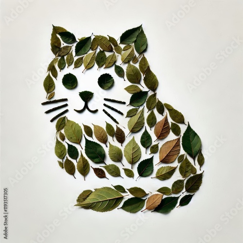 Himalayan cat silhouette created with green and brown leaves, decorative arrangement art, nature inspired design, flat animal shape photo