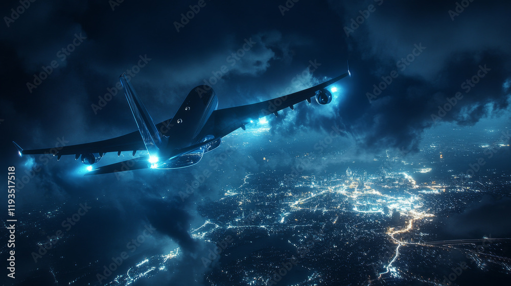 Fototapeta premium The plane of the blue glowing dots. Single-engine plane view from below