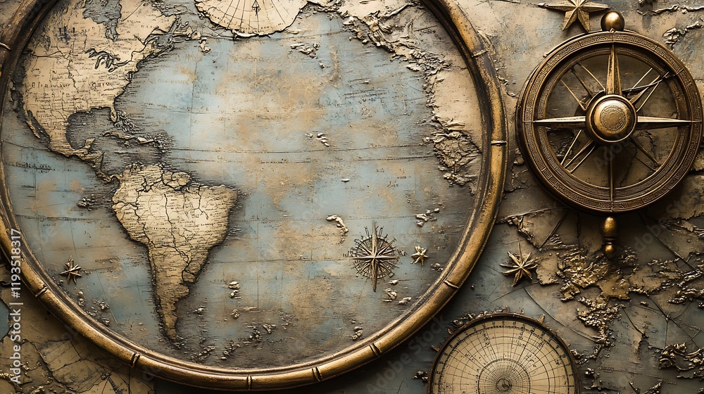 Fototapeta premium Antique World Map With Compass And Nautical Charts