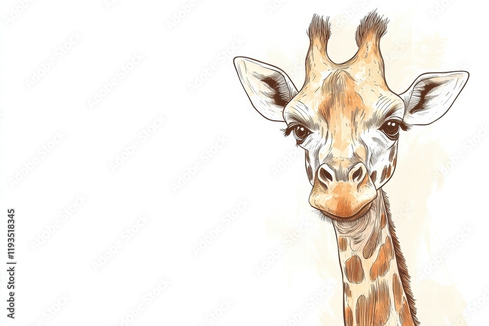 Obraz premium Detailed illustration of a giraffe with unique features and expressive eyes in a bright setting. Generative AI