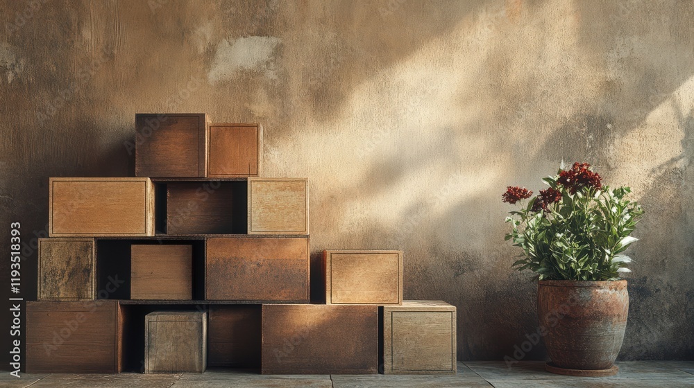 Obraz premium Wooden Boxes Stacked Against A Textured Wall With Flowers