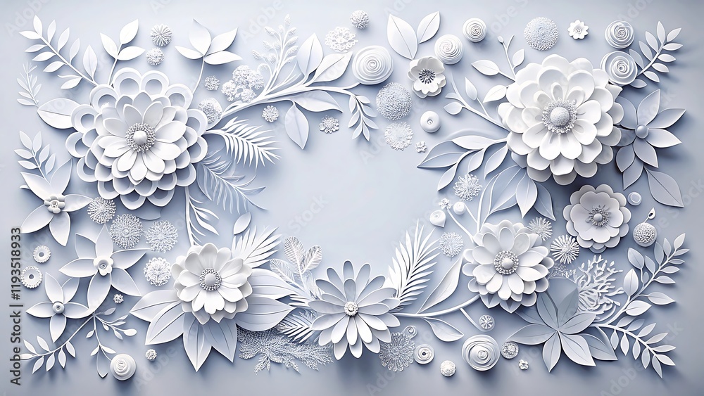 Elegant White Floral Paper Art Design with Delicate Leaves and Blossoms on Minimalistic Background Elegant White Floral Paper Art Design with Delicate Leaves and Blossoms on Minimalistic Background
