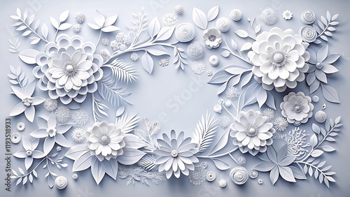 Elegant White Floral Paper Art Design with Delicate Leaves and Blossoms on Minimalistic Background