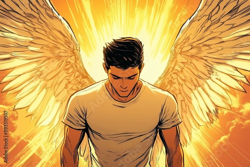 Illustration of a man with angel wings against a glowing sunset background