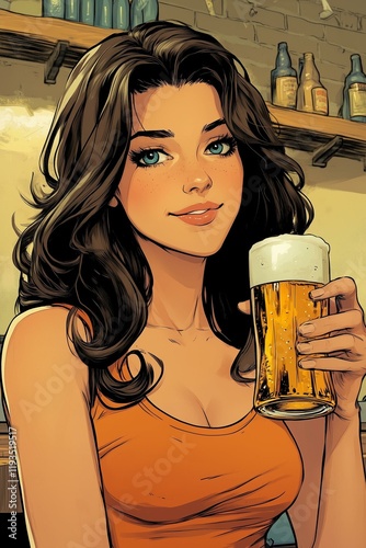 Smiling woman holding a beer glass in a bar illustration