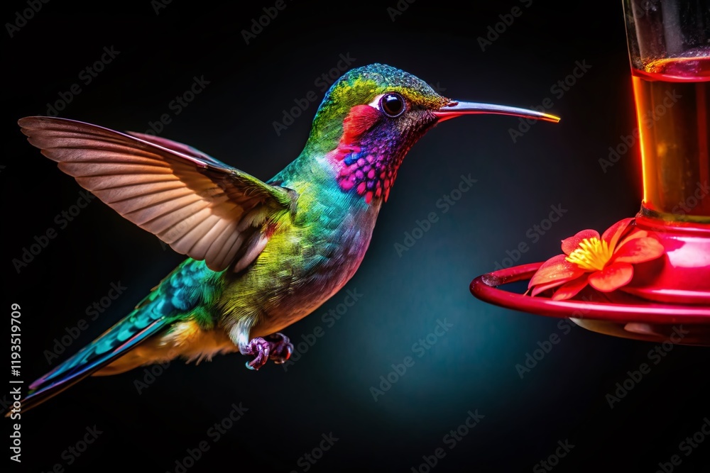 Fototapeta premium Hummingbird Feeding: Isolated Black Background Stock Photo