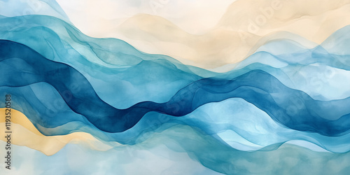 Abstract background with colorful blurred waves, soft gradient and smooth texture, golden lines, vibrant blue colors of abstract landscape. Minimalist design wallpaper or poster art.