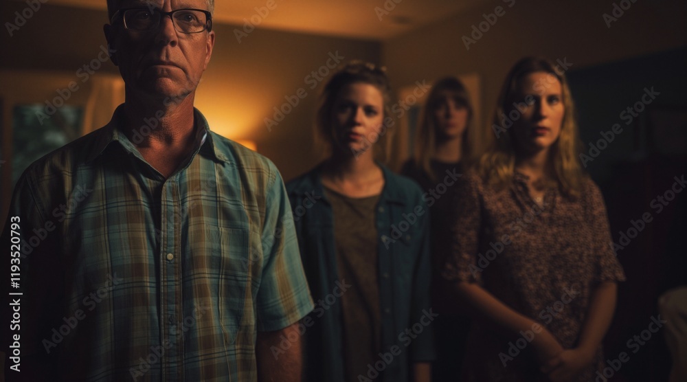 Obraz premium Emotional Tension in Family Portrait Captured in Dim Lighting