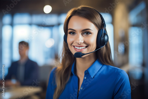 call center operator happy smile woman with headphones in blue blouse
