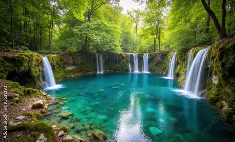 Serene waterfalls cascading into turquoise pool Serene waterfalls cascading into turquoise pool