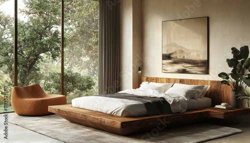 Experience the refined simplicity of modern art within a bedroom setting, where creative elements transform the space into a living canvas.