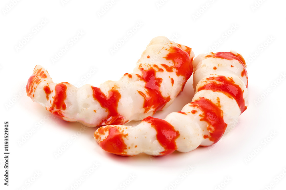 Fresh surimi shrimps, isolated on white background.