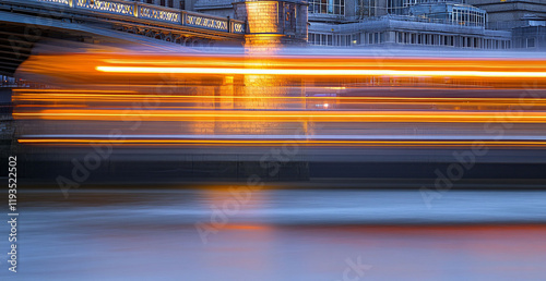 City night, river, lights, blurred bus, bridge, motion, urban, transportation, travel, stock photo photo