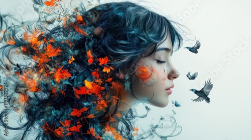 Serene woman profile with autumn leaves and birds in hair. photo