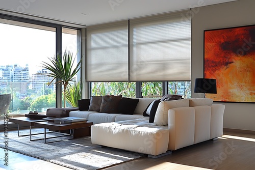 Extra large pleated blinds featured in a contemporary apartment, with a 50mm fold that offers top-down bottom-up privacy and a sleek modern look.