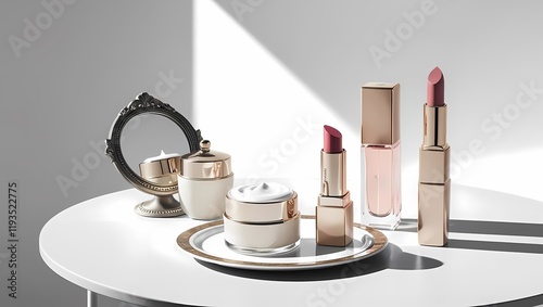 A luxurious cosmetic arrangement featuring cream jars, lipsticks, and a fragrance bottle on a golden-edged plate, complemented by a vintage mirror on a white table under soft lighting photo