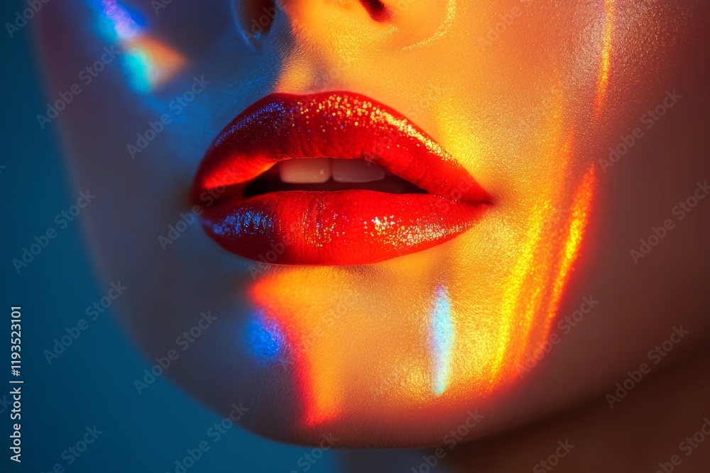 Obraz premium Close-up shot of a woman's lips with colorful reflections and a glossy finish