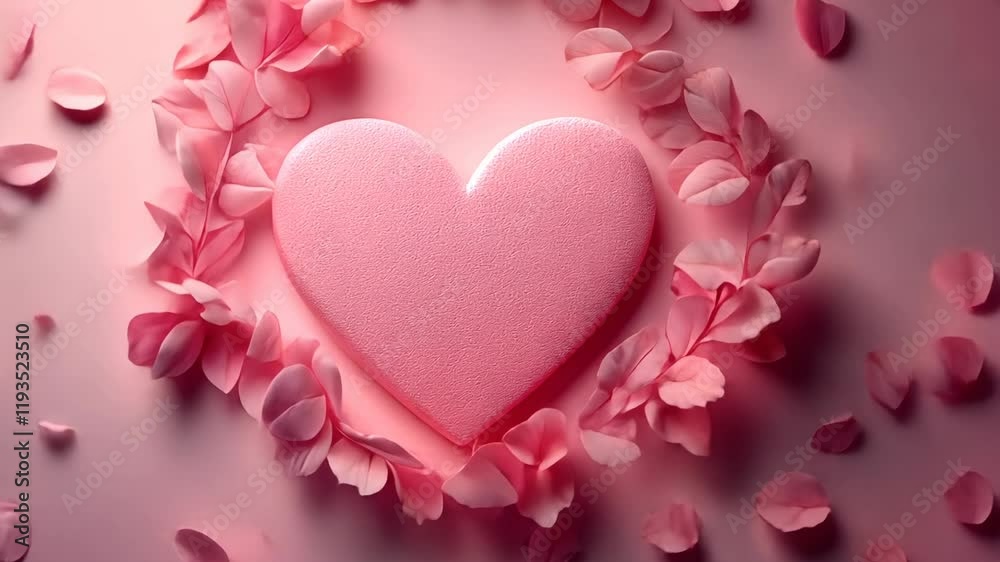 Pink heart surrounded by petals on a pink background.